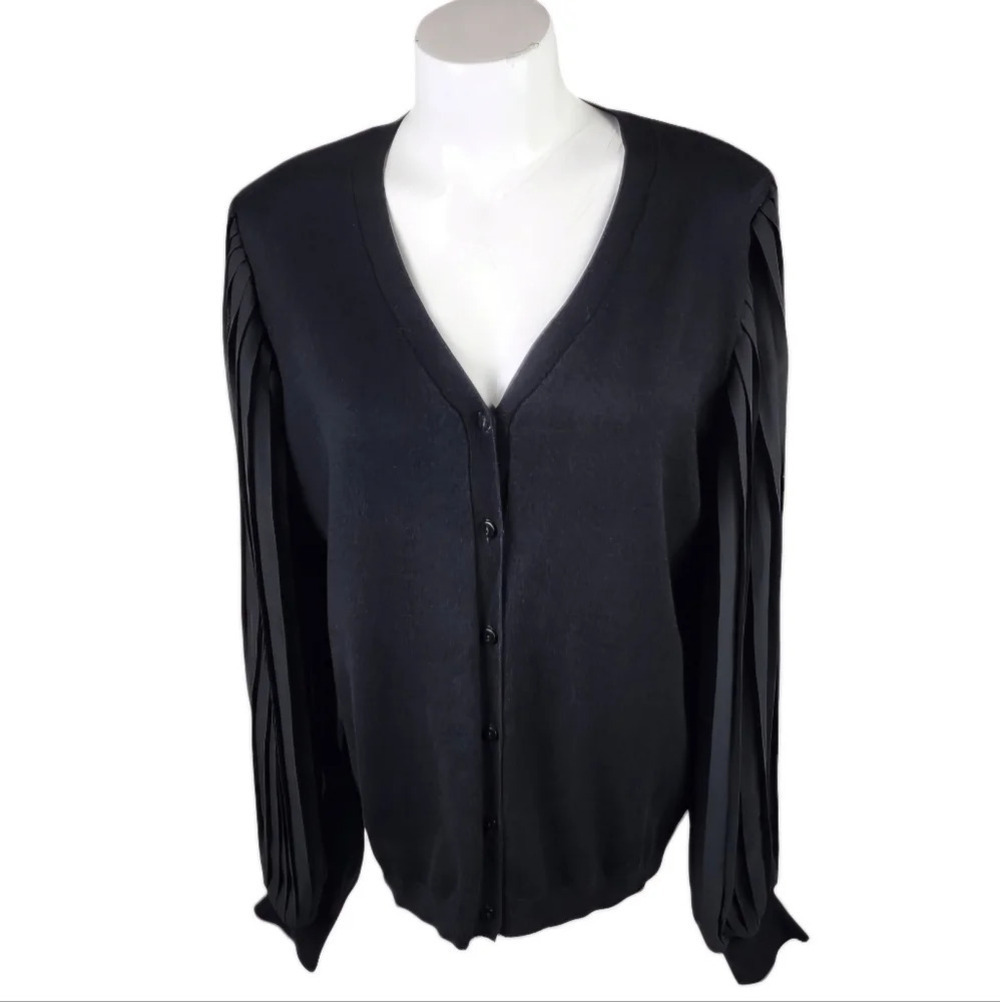 Adrianna Papell Sheer Pleated Bishop Sleeve Cardigan Black Size Large